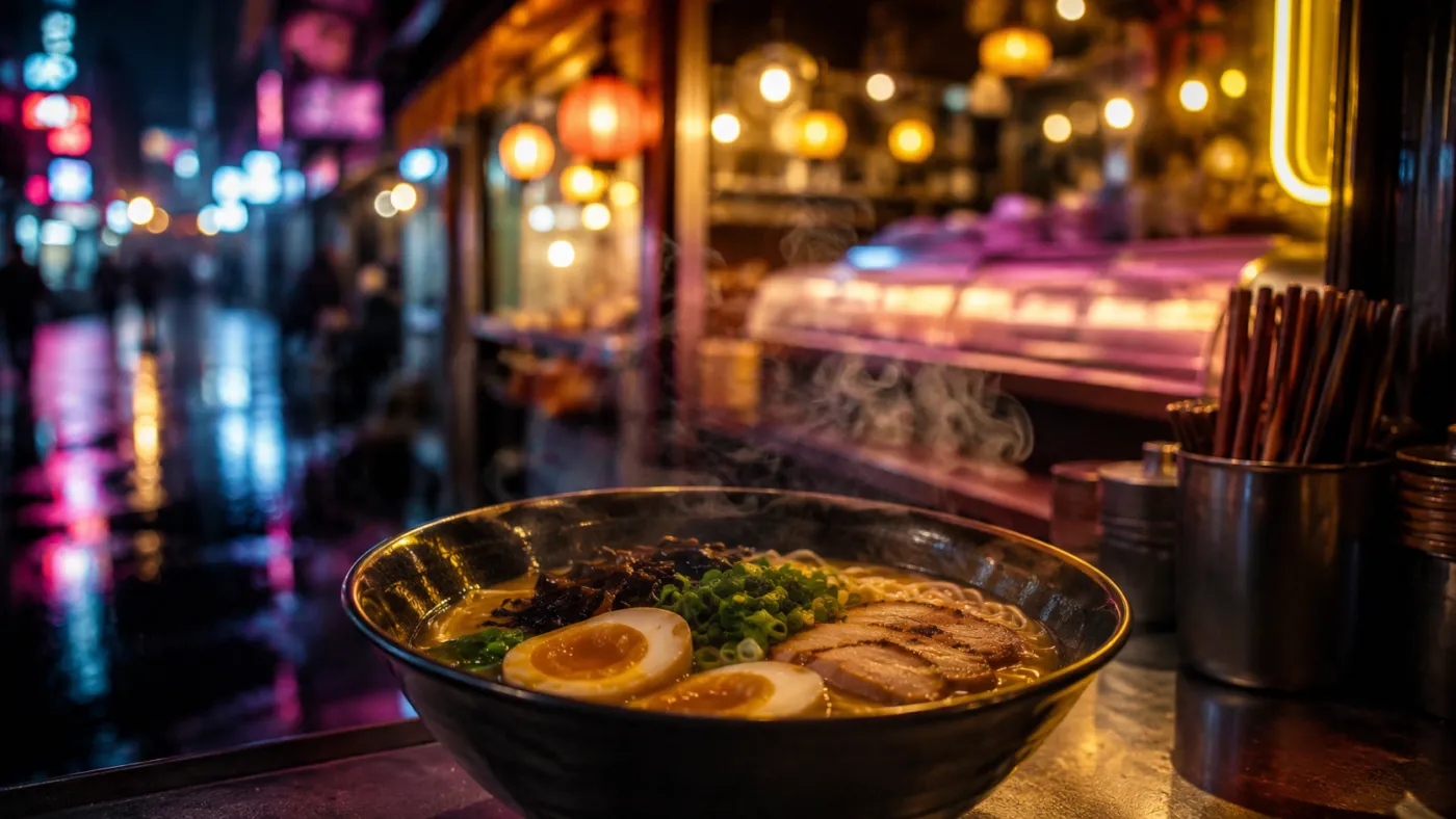 Дымящаяся миска рамена на фоне неоновой ночной улицы, атмосфера сюжета Ramen Rebellion
