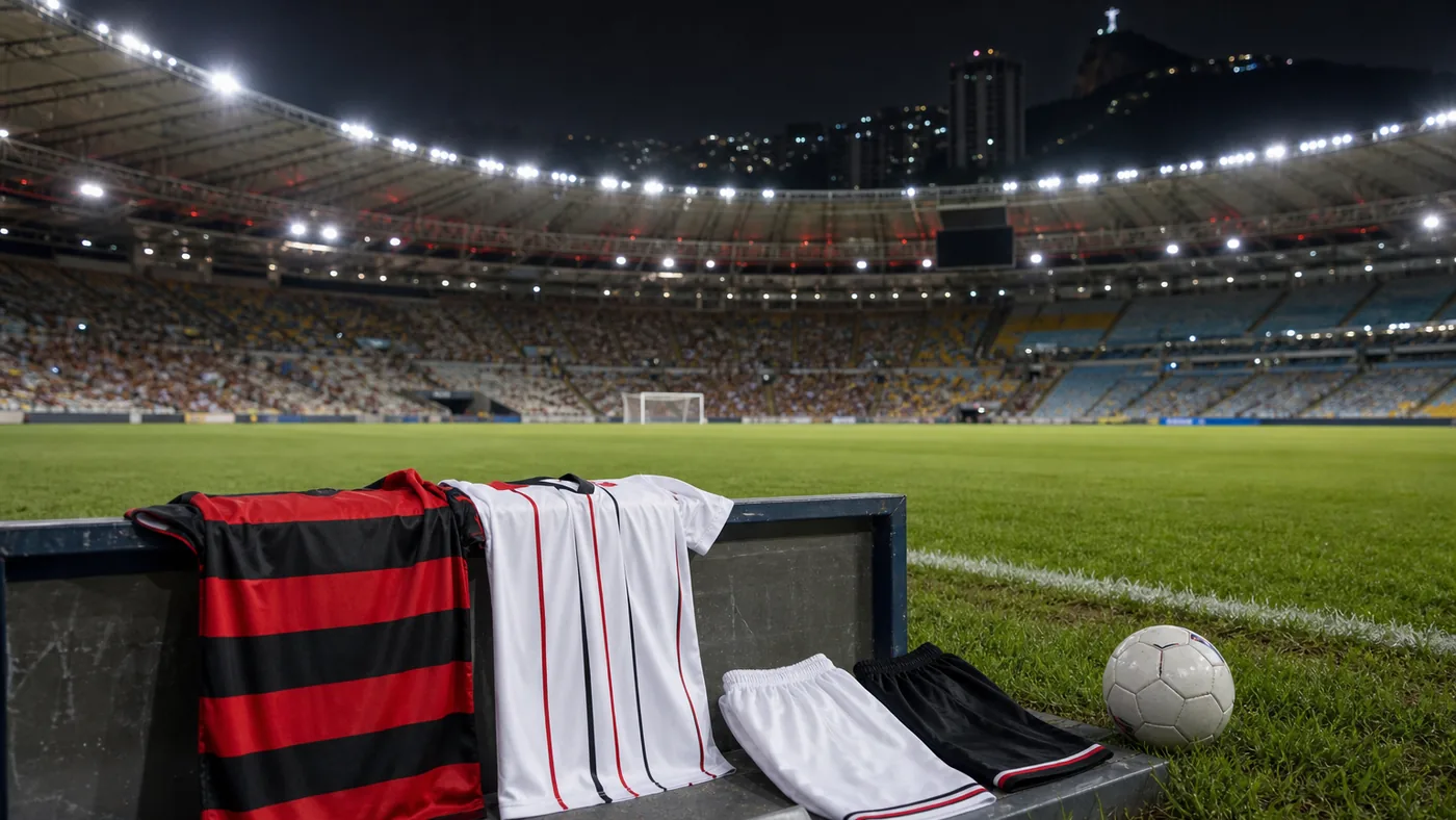 Camisas do Flamengo e do São Paulo na beira do gramado no Maracanã — Brasileirão 2026