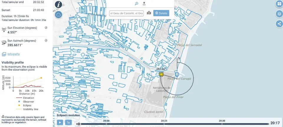 Captura del mapa IGN: punto en la playa del Grau de Castelló y a la izquierda el aviso de que el eclipse se ve