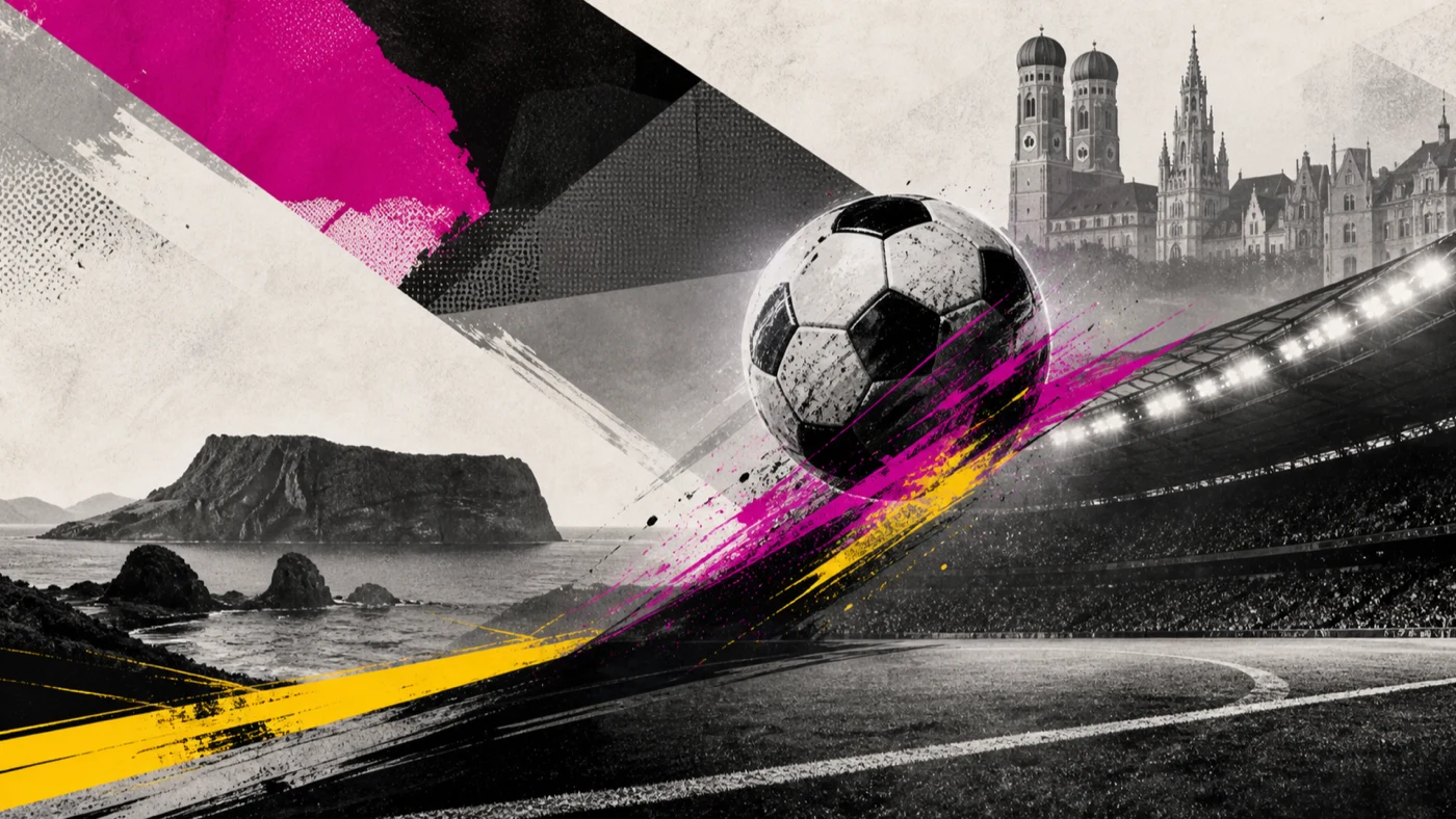Fußball, Jejus Küste und Münchner Stadtsilhouette als redaktionelle Collage