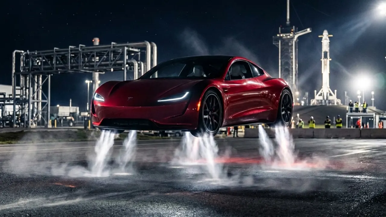 Иллюстрация: летающий Tesla Roadster со SpaceX Package