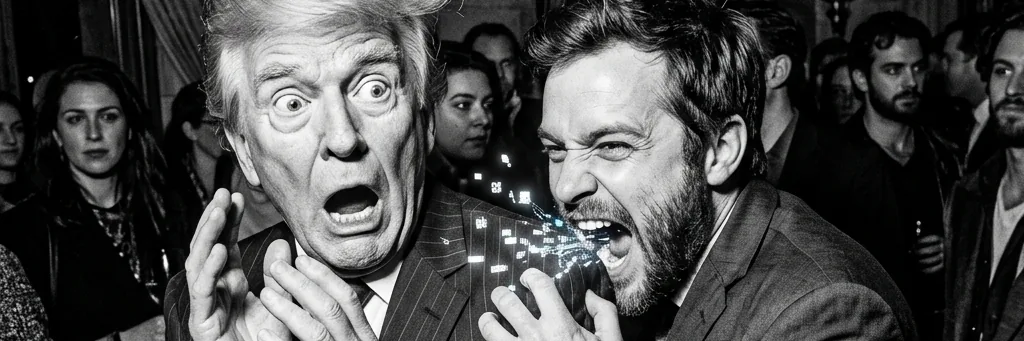 Шуточная иллюстрация к фейку «Трамп умер от укуса Джей Ди Вэнса»: укус, из которого разлетаются пиксели данных