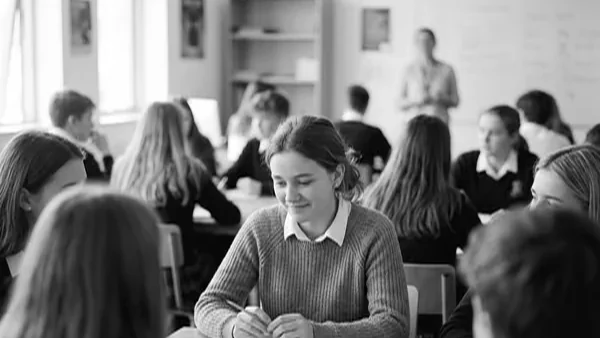 Klassenzimmer mit aufzeigenden Mitschülern