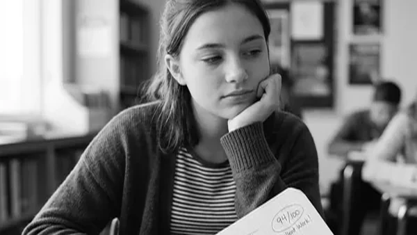 Schüler blickt nachdenklich auf ein Englisch-Heft mit guten Noten